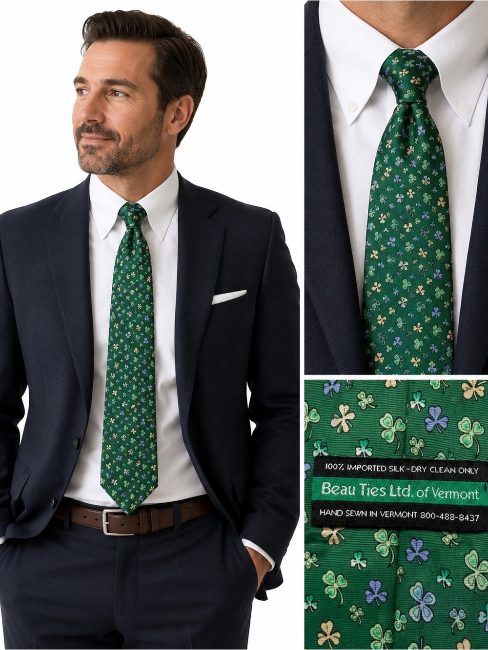 Beau Ties Vermont 100% Silk Shamrock Clover Necktie Green Hand Sewn USA